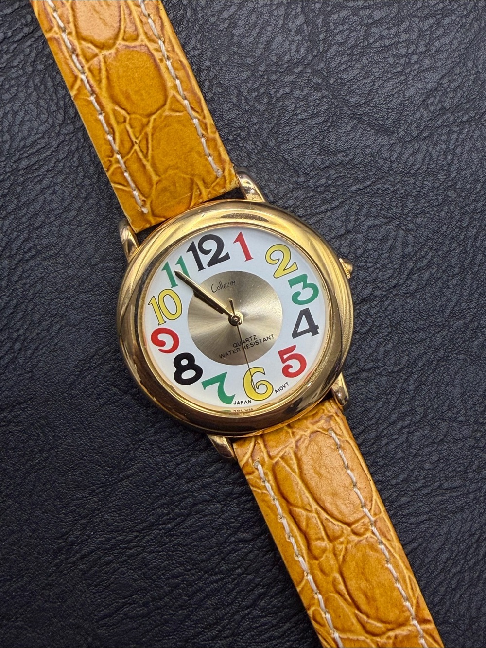 Vibrant Vintage-Style Gold-Tone Watch with Honey Tan Leather Strap -New Battery